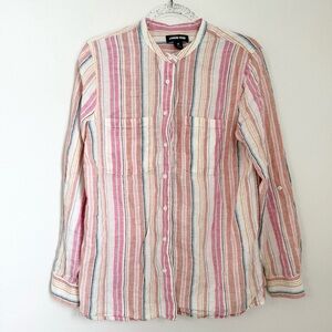 Lands End Women's Linen Blouse Pink Metallic Striped Button Down Size M